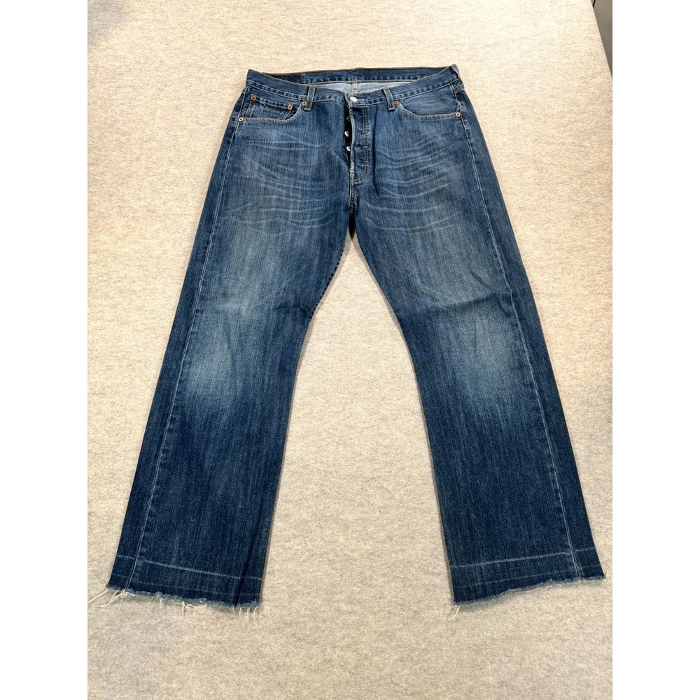 Levis 501 Jeans Men 36x32 Blue Whisker Denim Cotton Straight Leg Logo Frayed Hem
